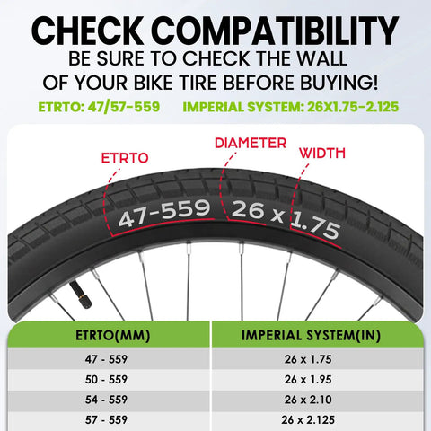 Check compatibility of Heavy Duty 26 Inch Bike Inner Tube For 26x1.75 1.95 2.10 2.125 Tires With 32mm Schrader Valve