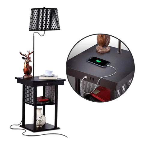 Madison Compact Side Table With Integrated Floor Lamp USB Port And LED Bulb, black nightstand with charging features