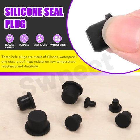 100 Piece Silicone Rubber Plug Kit In Seven Sizes with T Shaped Stopper shown with one plug held by fingers.