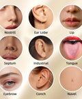Close-up view of various piercings including nostril, ear lobe, lip, septum, industrial, tongue, eyebrow, conch, and navel locations.