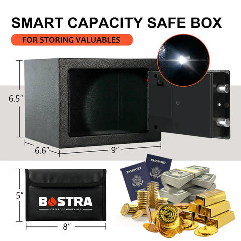 Heavy Duty Fireproof Safe Box Featuring Bright Sensor Light And Portable Fireproof Sack with open door showing dimensions.