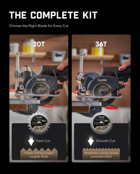 Compact Mini Cordless Circular Saw With A 3 3/8 Inch Blade And Brushless Motor showing 20T and 36T blades for different cutting options.