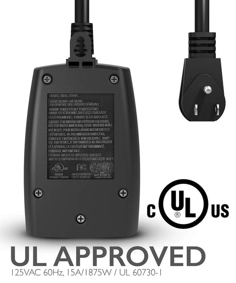 Rock Solid Waterproof Dusk To Dawn Plug In Outdoor Light Timer With Wireless Remote power switch box with UL approval and electrical specs.