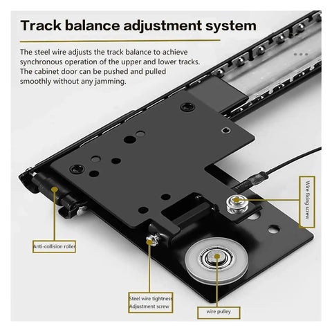 Track balance adjustment system with anti-collision roller, wire pulley, and steel wire tightening for smooth operation.
