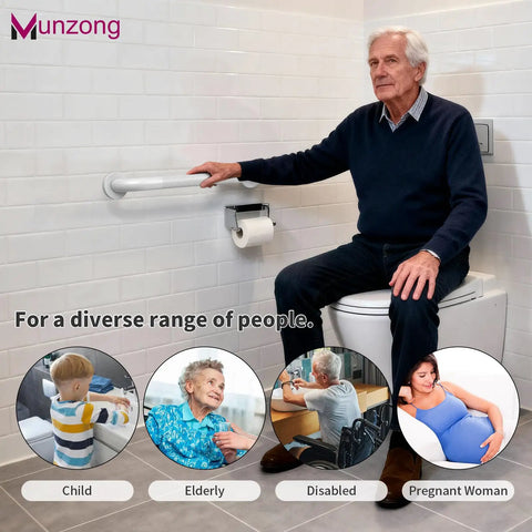 Built Like A Tank Anti Slip Shower Grab Bar Kit With Reliable Stability That Never Lets You Down Includes Three Wall Mount Handrails Perfect For Senior Bathrooms And Easy Bathroom Upgrades In Clean White, man using grab bar in bathroom.