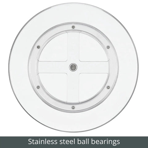 Slick Rotating Lazy Susan Turntable Spinner Fully Swiveling 11.5 Inch Clear Plastic Round Organizer base with stainless steel ball bearings.