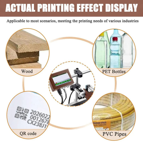 Industrial Automatic Inkjet Coding Machine For Production Lines Features High Definition 600Dpi Printing And Reliable Online Labeling For Logos, Graphics, And Batch Codes On Conveyor Systems With A 25.4mm Width Red Ink Option printing example on wood, PET bottles, QR codes, and PVC pipes.