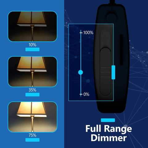 Heavy Duty Tabletop Lamp Dimmer Switch With No Sweat Plug And Play Setup For Smooth Brightness Control On CFL And LED Fixtures Up To Two Hundred Watts Total Rock Solid Performance UL Listed Black Housing. Image showing dimming levels from 10% to 100%.