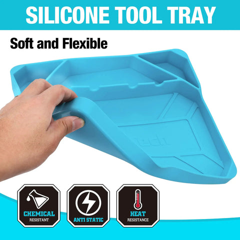 2-Piece Silicone Tool Tray Set With Non-Slip Flexible Organizer And Magnetic Tray shown highlighted by hand, blue, soft design.