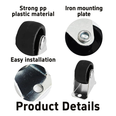 Four Pack 1 Inch Heavy Duty Rigid Fixed Caster Wheels With Non Swivel Top Plate, iron mounting plate, and durable PP material