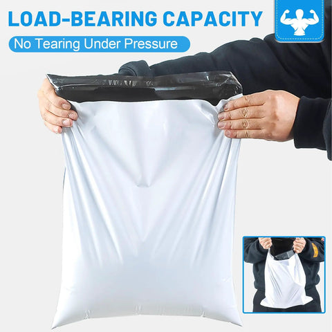 Heavy Duty Weatherproof Poly Mailers 14.5x19 Inch 200 Pack Shipping Bags shown being held securely without tearing.