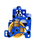 Yellow gear and blue aluminum frame of Built Tough Extruder Upgrade Kit for X1 and P1 Series 3D Printers with compatibility features.