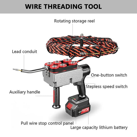 Heavy Duty Automatic Brushless Wire Puller Turns Tough Throughwall Fishing Into A Smooth Ride For Electricians Who Want Hassle Free Cable Stringing That Cuts Labor And Helps Crews Knock Out Wiring Projects Fast, with lead conduit and rotating storage reel.
