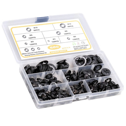 680 Piece Carbon Steel Locking Washers Assortment Kit Hella Rugged Shakeproof Internal Tooth Design in storage box with various sizes.