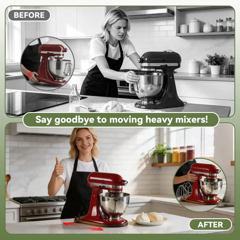 Heavy Duty Stand Mixer Rolling Base With Bottom Storage Compartments Slick Glide Platform For Four Point Five To Six Quart Tilting Mixers No Sweat Kitchen Cart in kitchen before and after use.