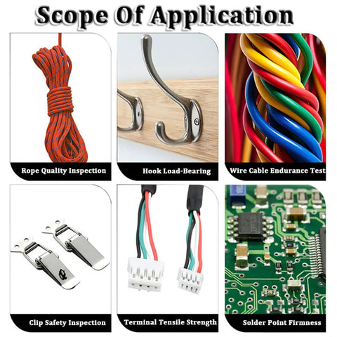 Heavy Duty Manual Digital Force Gauge And Tensile Pull Tester With Hella Precise Zero Point Zero One Millimeter Displacement Tracker Portable Horizontal Push Pull Meter Rig For Tough Testing Tasks applications, rope, hooks, wires, clips, connections, testing