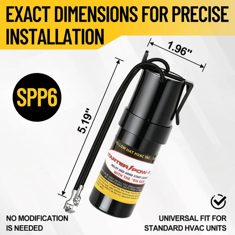 Heavy Duty Hard Start Capacitor Kit For Air Conditioners 115V To 288VAC, showing dimensions 5.19" height, 1.96" width.