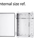 IP67 Weatherproof Junction Box Plastic Enclosure for Outdoor Electrical Projects with Hinged Gray Cover and Dimensions Shown