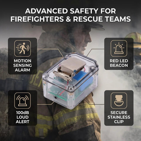 Hella Dependable Firefighter Distress Alarm With Automatic Motion Detection And A Dang Bright Red Led Beacon Signaling A Continuous 100 Decibel Safety Bell for rescue teams. Shows details like motion sensor and clip.