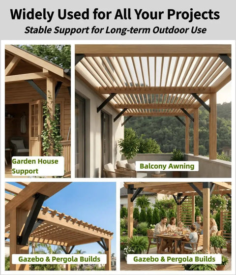 Heavy Duty Angle Corner Braces Inside Joint For Pergolas And Gazebos, 45 Degree Steel Bracket Kit, Black Powder Coated Deck Reinforcement Connectors, Interior Beams And Posts, 6 Pack