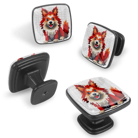Hella Sturdy Glass Square Cabinet Knobs Set Of 4 Packed With A Sharp Red Dog Graphic And Durable Abs Frame Plus Matched Stainless Screws For A Smooth Zero Hassle Kitchen Upgrade. Featuring red dog graphic and black ABS frame.