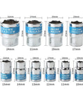 Real Deal 12 Piece Torque Wrench Set With 1/2 Inch Drive Metric Hex Sockets And Adjustable Spanner Kit showing various chrome vanadium metric sockets.