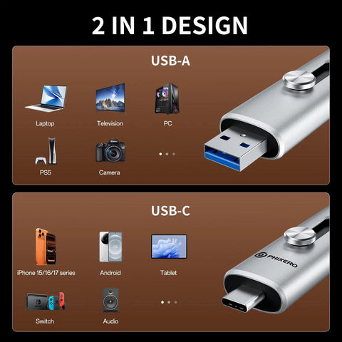2TB External SSD Up To 1100 MB Per Second USB 3.2 Gen2 Dual Ports USB A And USB C Portable Thumb Drive For iPhone Android Windows PCs And Mac Laptops Super Fast Transfer Speeds with USB-A and USB-C compatibility shown with icons of devices like laptops and cameras.