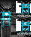 Tough As Nails Brushless Cordless Rivet Gun controls showing center lock and reverse/forward rotation features.