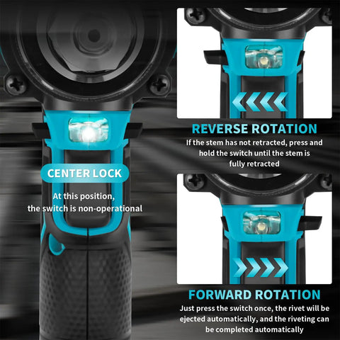 Tough As Nails Brushless Cordless Rivet Gun controls showing center lock and reverse/forward rotation features.