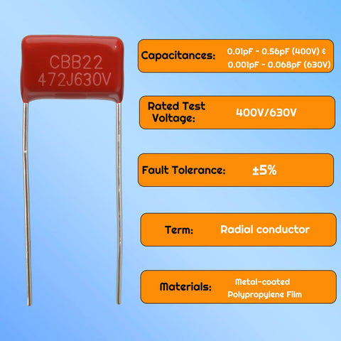 Premium Metallized Polypropylene Film DC Capacitor Kit With Hella Versatile CBB22 Assortment, red capacitor with specifications.
