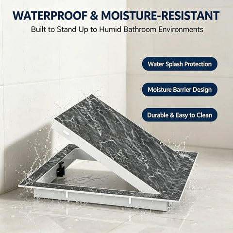 Aluminum Alloy Press To Open Drywall Access Panel Invisible Hidden Wall Cover For Swift Maintenance And Concealed Junction Boxes With Zero Tools Required No Sweat Operation Clean Style showing waterproof design in bathroom.