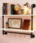 Floating Wall Shelves With Towel Bar, Industrial Pipe Shelving, 30 Inch Solid Wood, Rustic Farmhouse Style, 2 Tier with Metal Hooks
