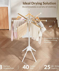 Foldable Wood Clothes Drying Rack With Eight Adjustable Rods No Fuss Space Saving Laundry Organizer shown holding clothes indoors