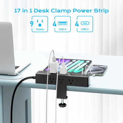 Straight Up Solid Desk Clamp Power Strip With Nine AC Outlets And Eight USB Ports For Stacked 40W Fast Charging mounted on a desk.