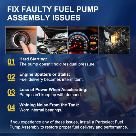 Image showing symptoms of faulty fuel pump assembly, including hard starting, stalling, power loss, and noise.