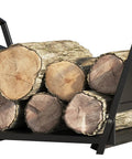 Foldable Fireplace Log Holder and Firewood Rack heavy-duty steel with stacked logs for indoor outdoor use, no assembly required.