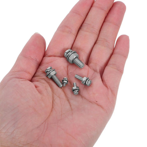 Hand holding Zinc Alloy Machine Screw And Nut Kit With Washers, 320Pcs Pan Head Bolts Set For Construction And Auto Projects