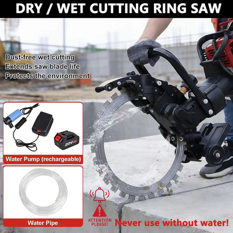 Beast Mode 52Cc Gas Powered Concrete Ring Saw Featuring A 16Inch Diamond Blade and a water-cooled wet cutting display, cutting concrete.