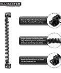 Heavy Duty 12 Inch Self Closing Gate Spring With Adjustable Tool For Outdoor Wood And Vinyl Fences Rugged Black Powder Coated Steel Antirust Hardware showcased with adjustable tension pin.