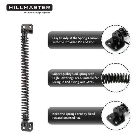 Heavy Duty 12 Inch Self Closing Gate Spring With Adjustable Tool For Outdoor Wood And Vinyl Fences Rugged Black Powder Coated Steel Antirust Hardware showcased with adjustable tension pin.