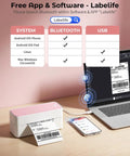 Bluetooth Thermal Label Printer For 4x6 Shipping Labels, Wireless, Small Biz Ready, Pink Color, Works With iPhone Android next to laptop and phone