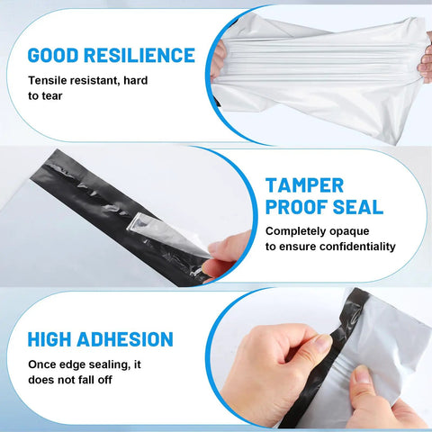 Heavy Duty Weatherproof Poly Mailers 14.5x19 Inch 200 Pack Shipping Bags showing tamper proof seal and tensile resistance features.