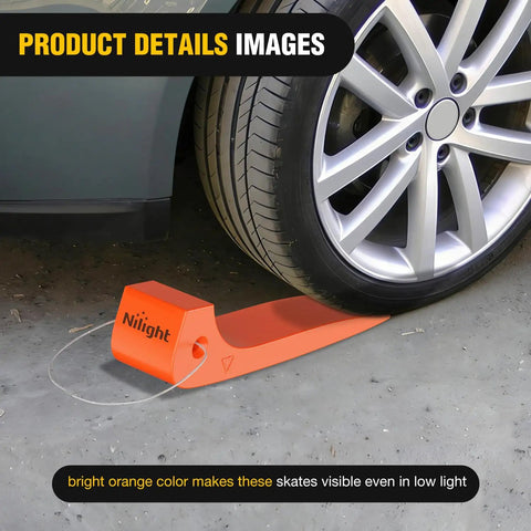 Heavy Duty Wrecker Tire Skids 4 Pack Low Friction Rolling Mats For Flatbed Recovery Gear under tire in bright orange color.