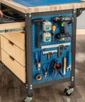 Blue pegboard with assorted tools on workbench, featuring Hang Tight Pegboard Hooks Kit With Locking Design 32-Piece Tool Organizer Set.