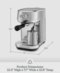 Next Level Semi Automatic Espresso Machine With Auto Frothing Wand For Barista Level Microfoam And Flawless Latte Art At Home In Sleek Black Stainless Steel Build Compact Kitchen Setup For Smooth Shots And Rich Crema Daily with dimensions 12.2" high, 7.7" wide, 12.6" deep.