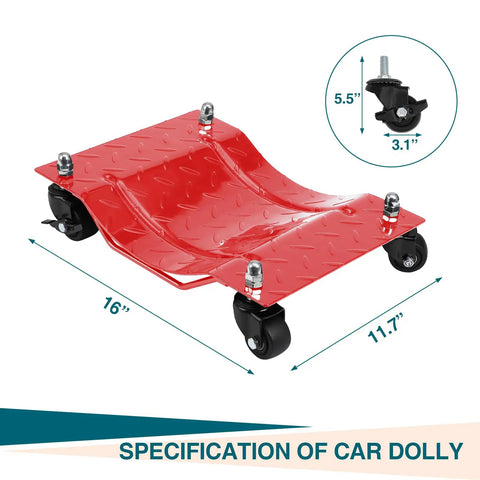 Move Your Ride Without Breaking A Sweat 6000 Lbs Capacity Wheel Dolly Set Of 4 Built Tough Steel Frame 360 Degree Swivel Rollers, 16x11.7 inches, red.