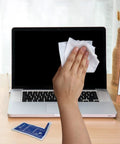 Giant 7 By 8 Inch Screen Wipes Pre Moistened For Safe Cleaning Of TV Computer Laptop Phone And Tablet Screens 40 Count Electronic Device Cleaner Wipes being used on a laptop screen.