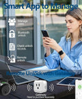 Woman using smartphone to manage Slick Biometric Fingerprint Deadbolt Lock For Front Door with app features displayed.