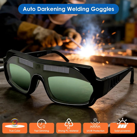 Heavy Duty Solar Powered Welding Goggles With Automatic Darkening True Color Anti Glare Lenses For Plasma Cutting Grind Jobs close-up view on workbench.
