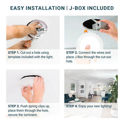 Ultra Thin 6 Inch LED Recessed Gimbal Lights With J Box No Fuss Install 12W Dimmable 5 Color Temp Switchable From 2700K To 5000K Eyeball Canless Slim Panel Lighting IC ETL Listed installation guide